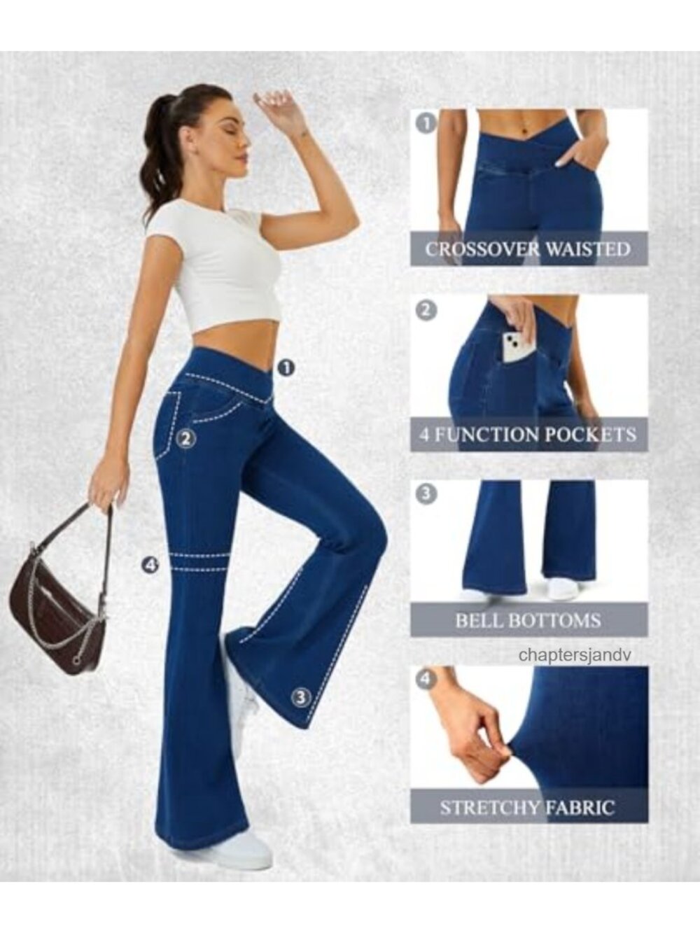 Women's Bell Bottom Jeans Crossover High Waist Stretchy Flared Jeggings - Picture 6 of 6